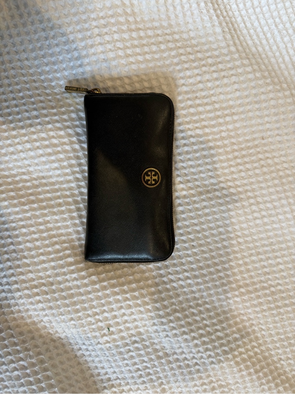 Tory Burch Black Leather Wallet with Gold Logo Medallion